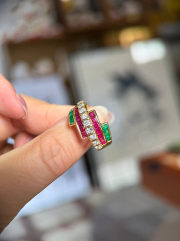 K18 Natural Diamond, Ruby & Emerald Statement Ring