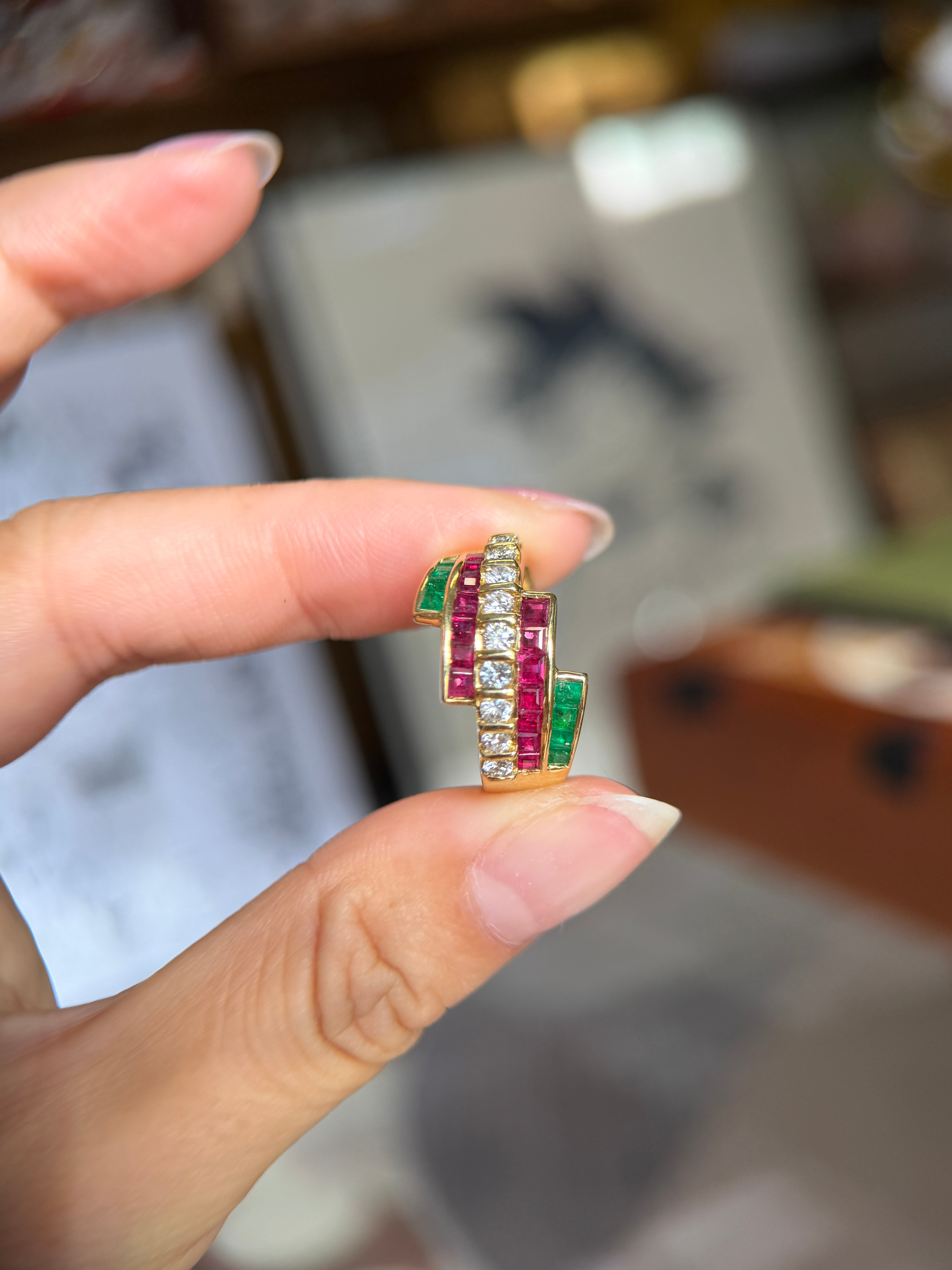 K18 Natural Diamond, Ruby & Emerald Statement Ring