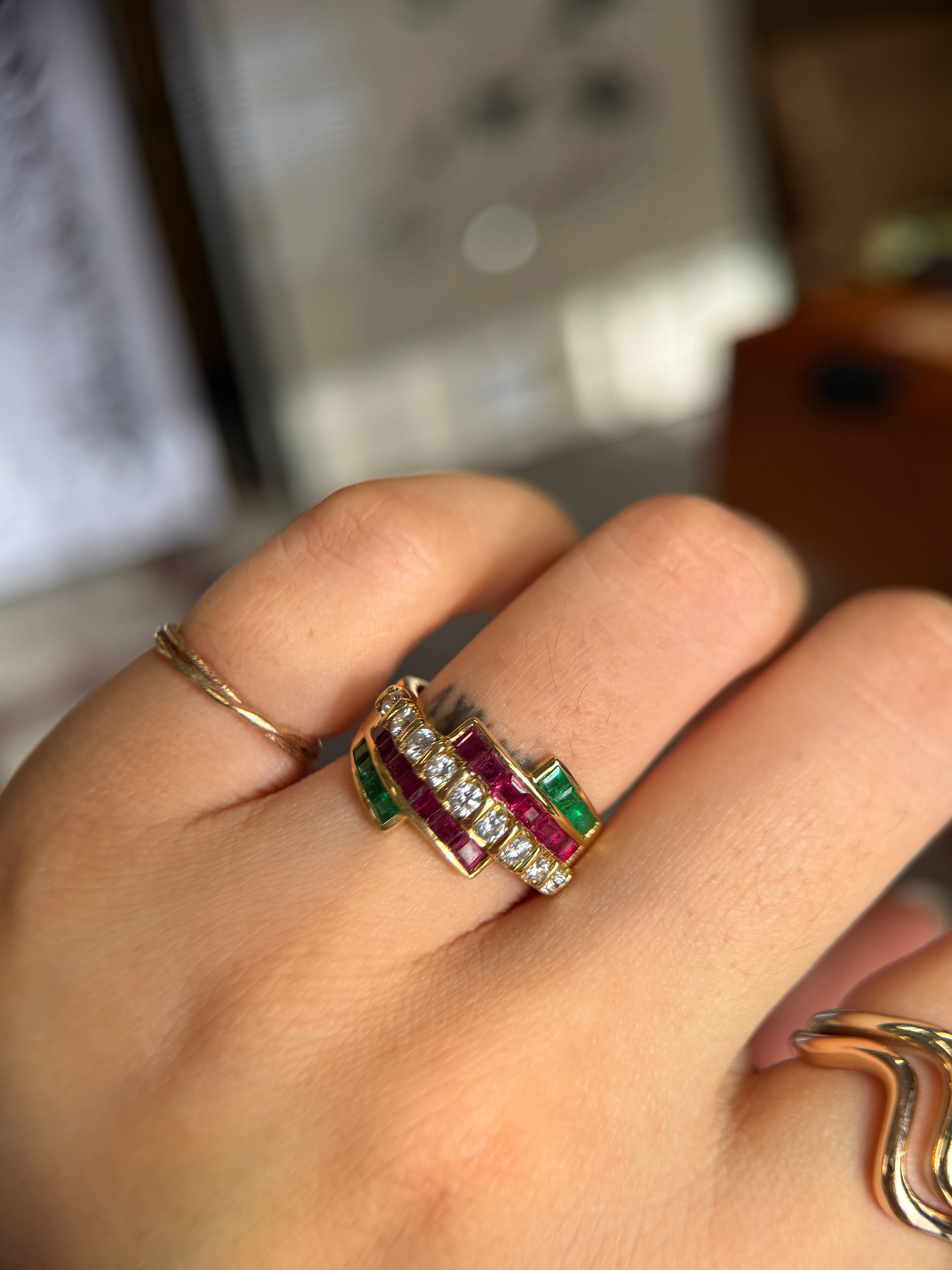 K18 Natural Diamond, Ruby & Emerald Statement Ring