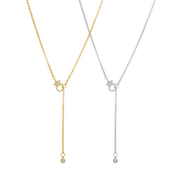 Paperclip Lariat Necklace with Diamond Front Clasp in 18K Gold