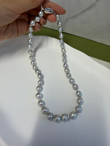 GGS Certified Natural Color Akoya Pearl Necklace 8.5–9.0mm | Silver Gray Baroque | 17”