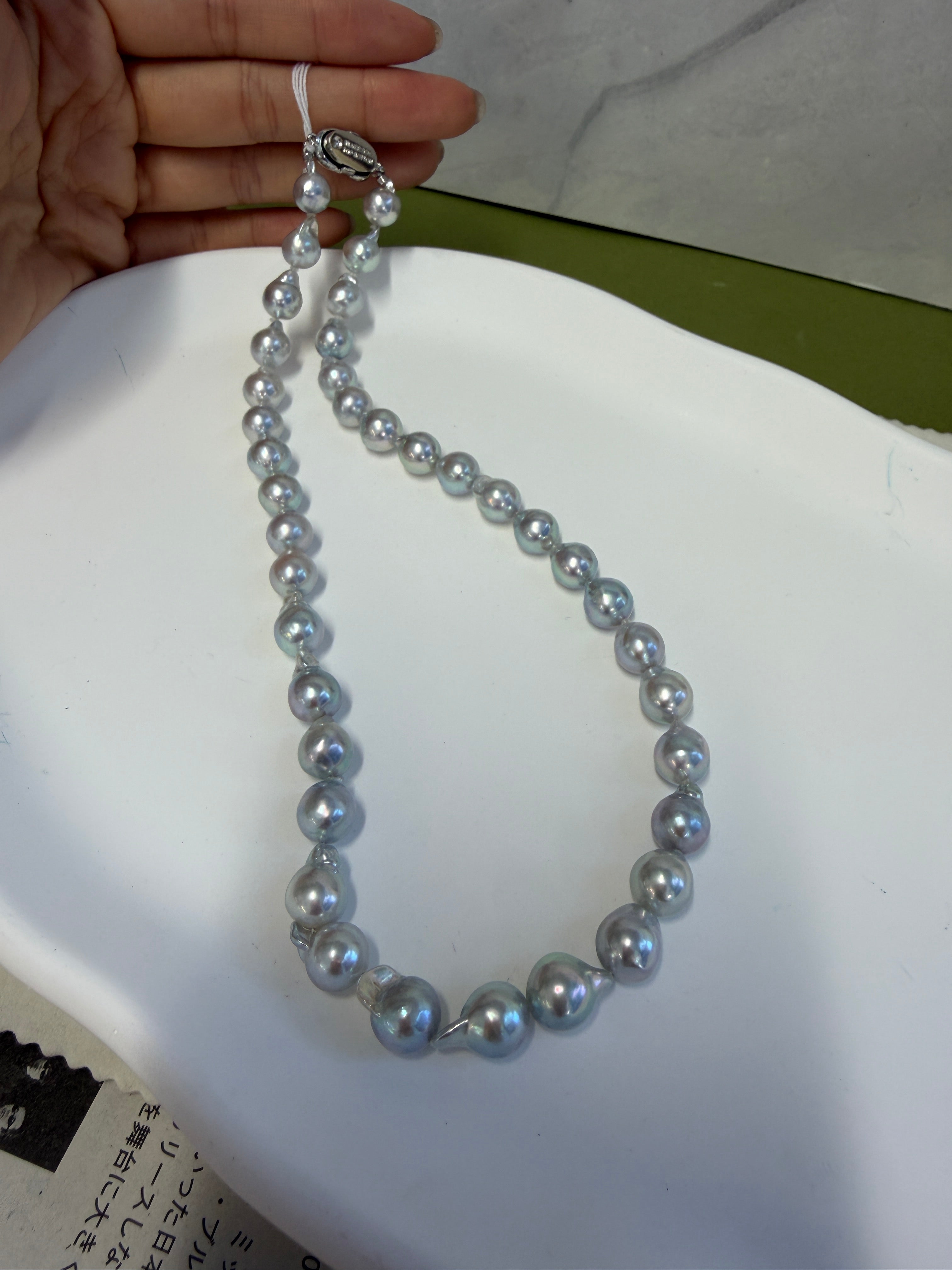 GGS Certified Natural Color Akoya Pearl Necklace 8.5–9.0mm | Silver Gray Baroque | 17”