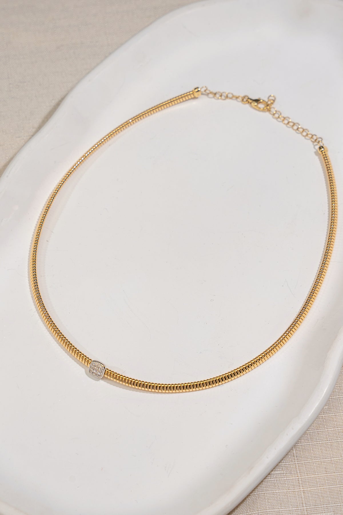 K18 Yellow Gold Italian Tubogas Flexible Collar Necklace with 0.14ct Pavé Diamond