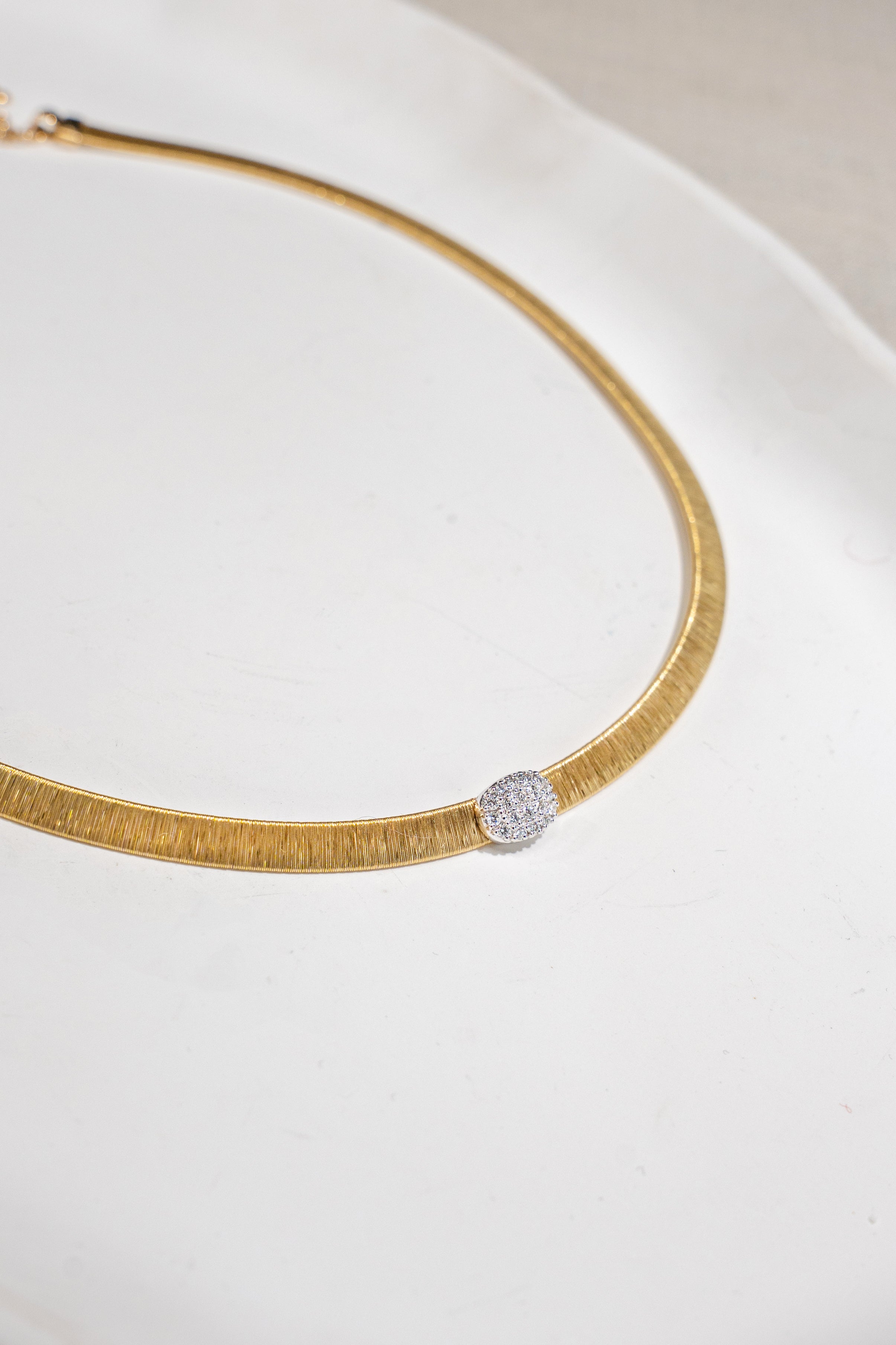 K18 Yellow Gold Italian Brushed Finish 5mm Wide 0.19ct Diamond Flexible Flat Chain Necklace