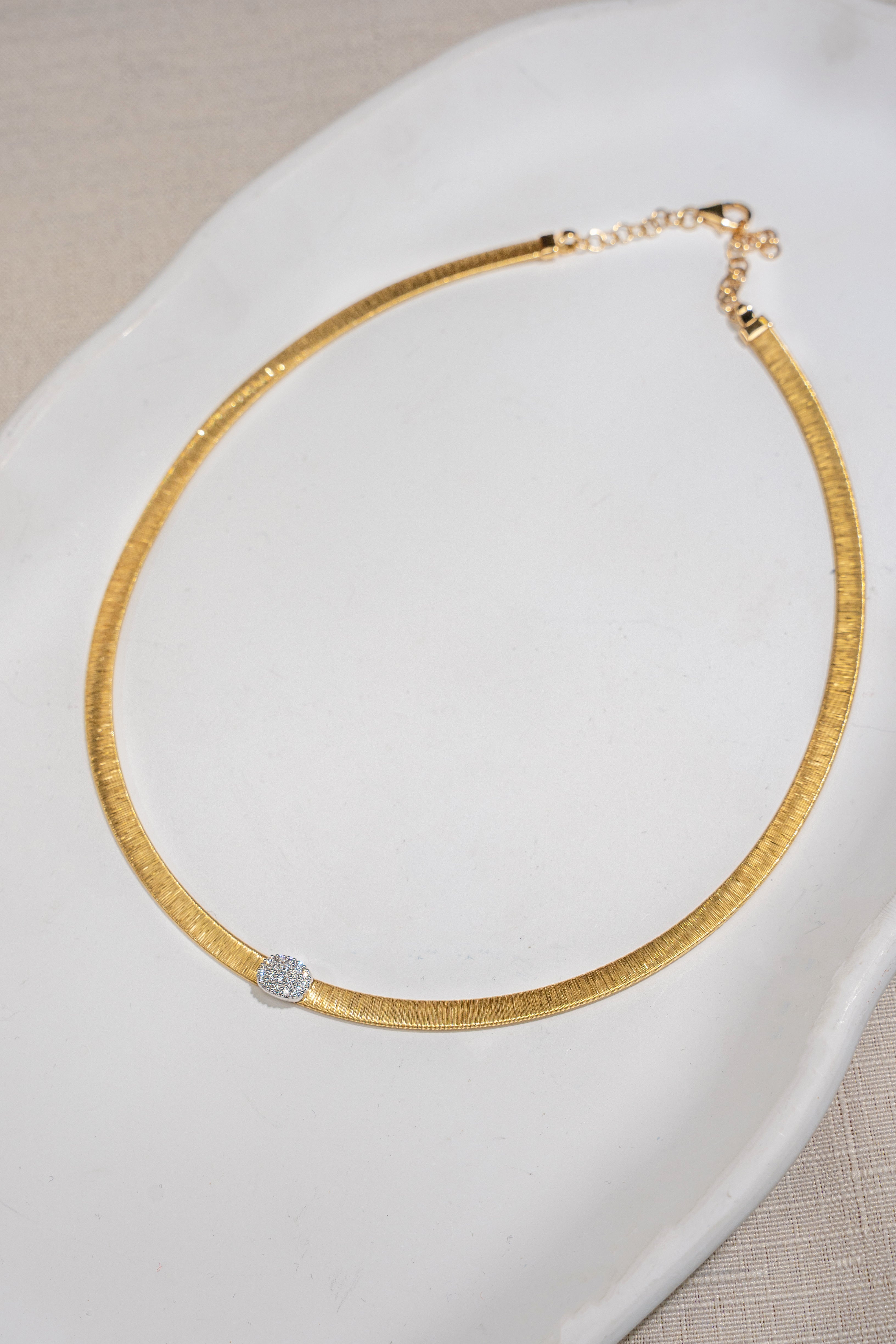 K18 Yellow Gold Italian Brushed Finish 5mm Wide 0.19ct Diamond Flexible Flat Chain Necklace