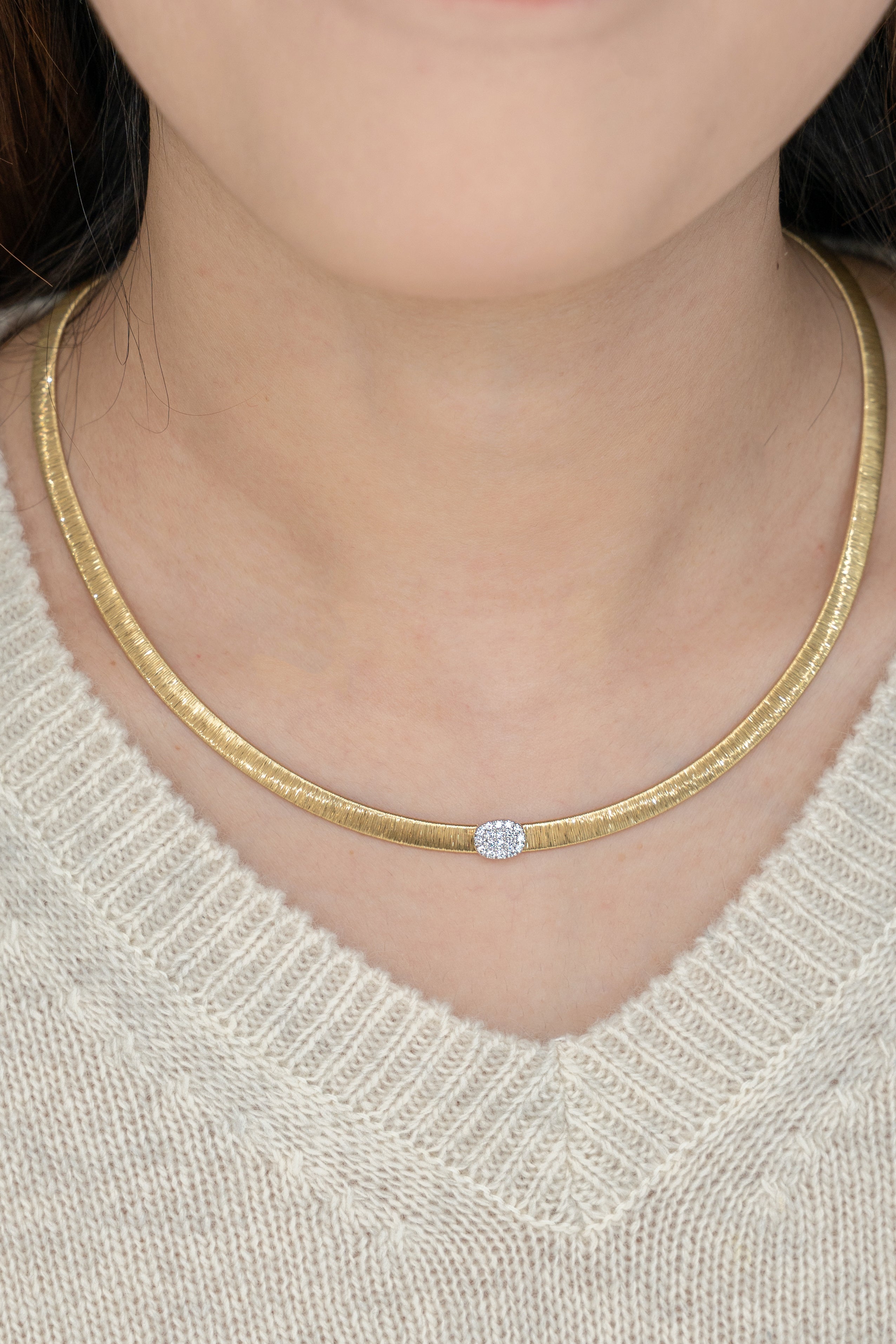K18 Yellow Gold Italian Brushed Finish 5mm Wide 0.19ct Diamond Flexible Flat Chain Necklace