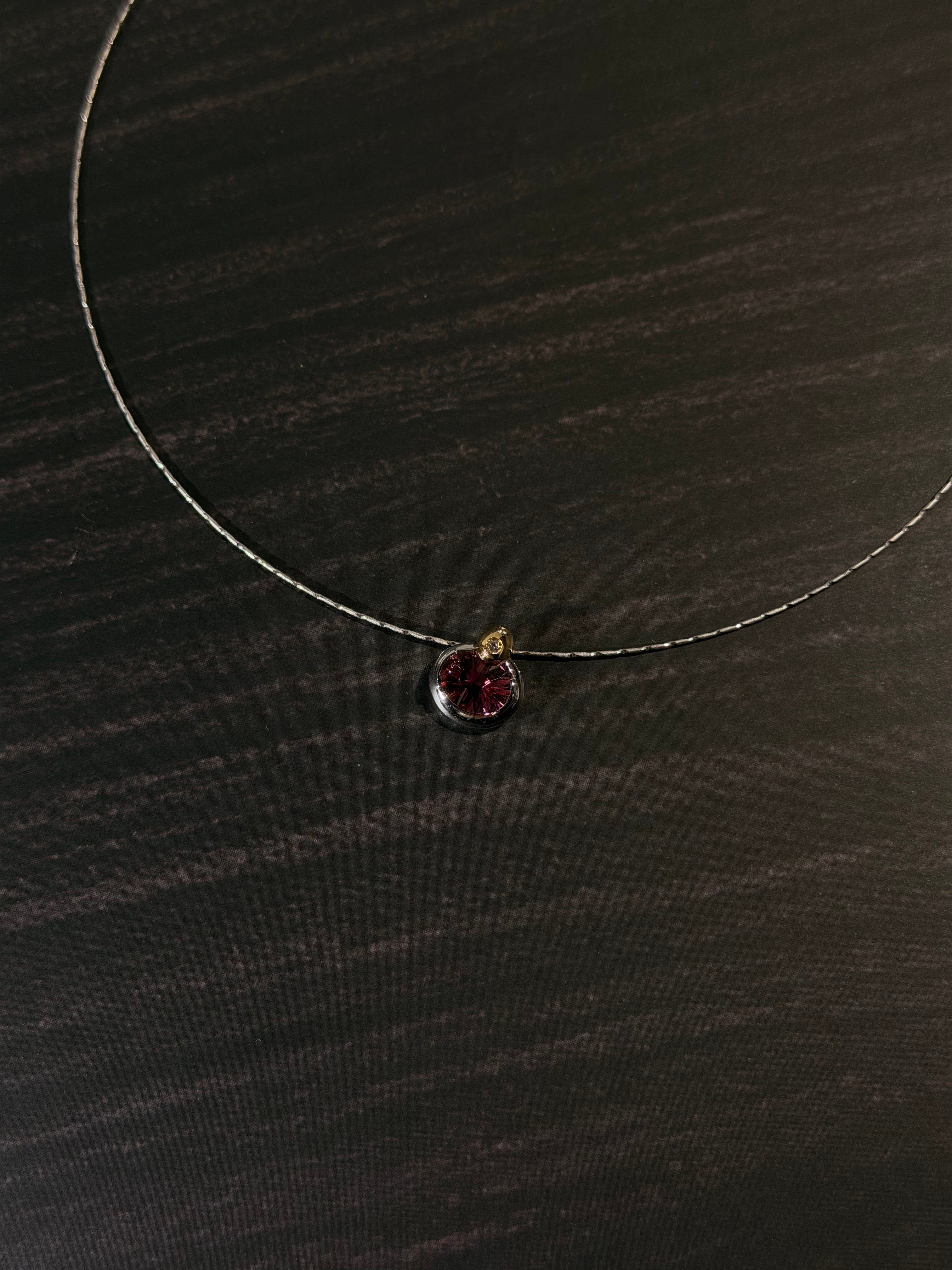 18K Two‑Tone Gold Concave‑Cut Pink Tourmaline with Diamond Accent on Neck Wire