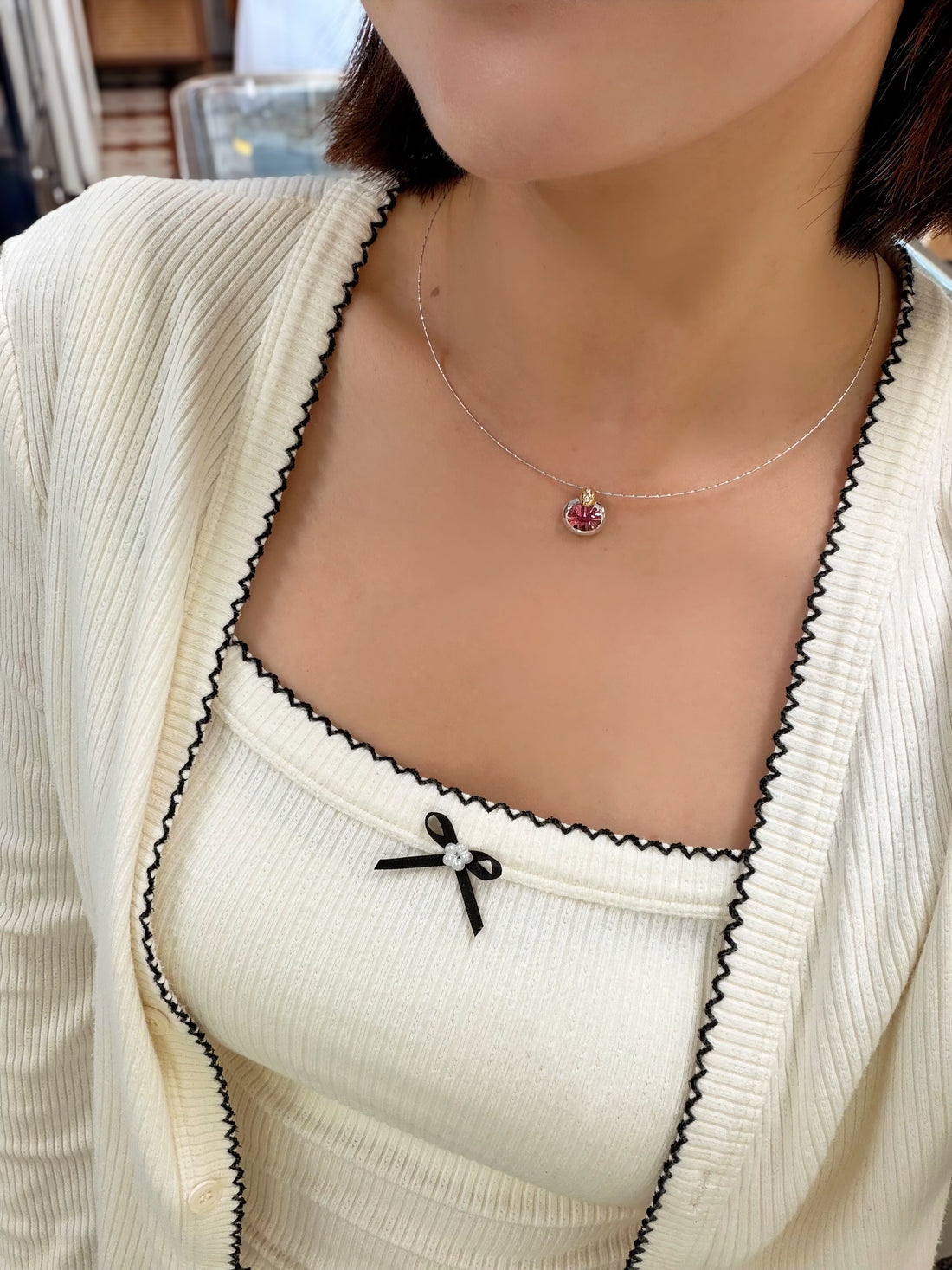 18K Two‑Tone Gold Concave‑Cut Pink Tourmaline with Diamond Accent on Neck Wire