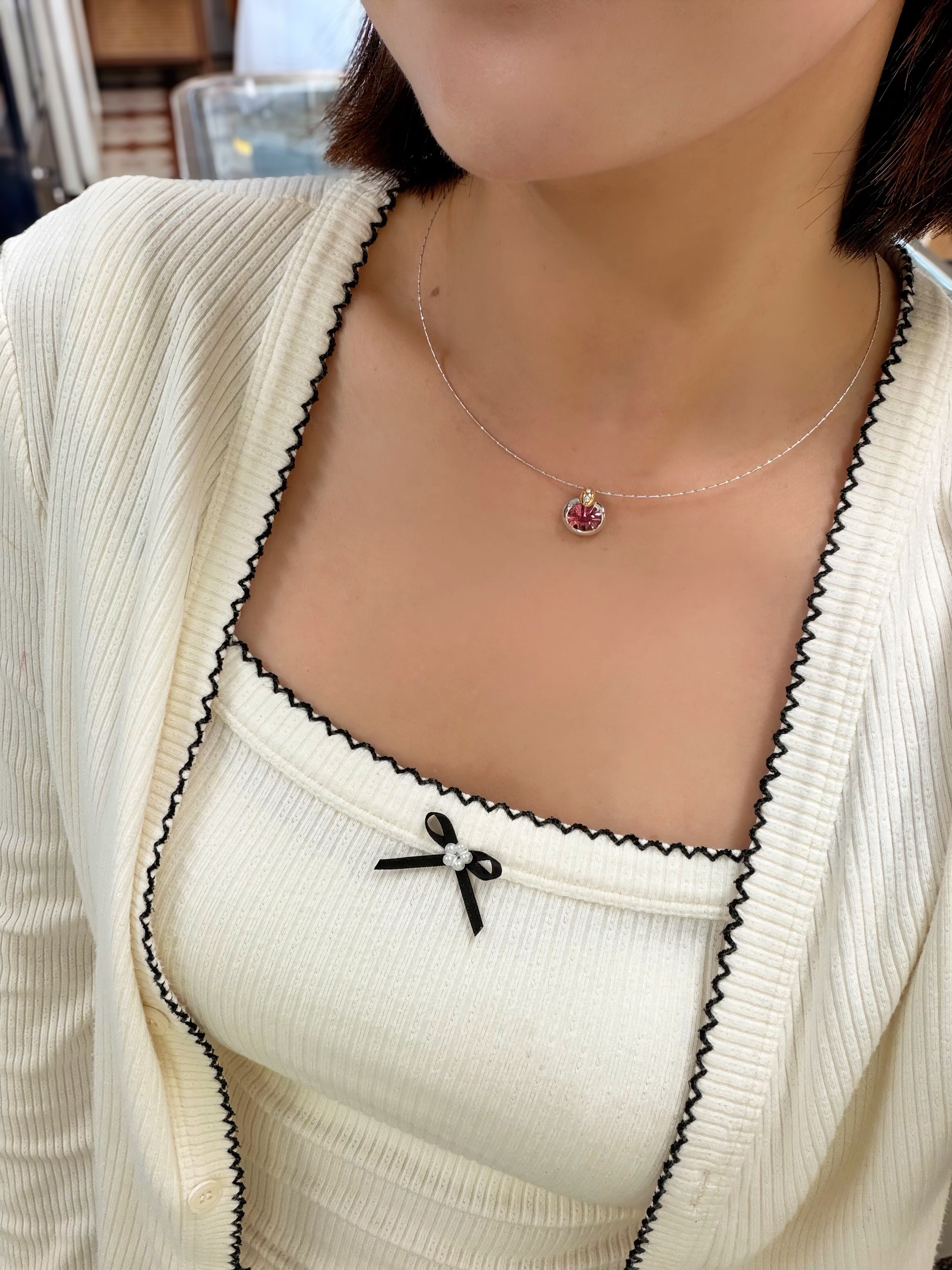 18K Two‑Tone Gold Concave‑Cut Pink Tourmaline with Diamond Accent on Neck Wire
