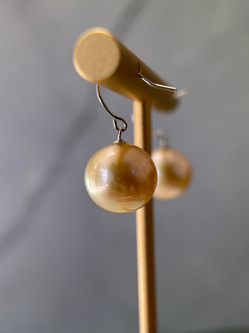 10–11mm Golden South Sea Pearl Hook Earrings in Platinum