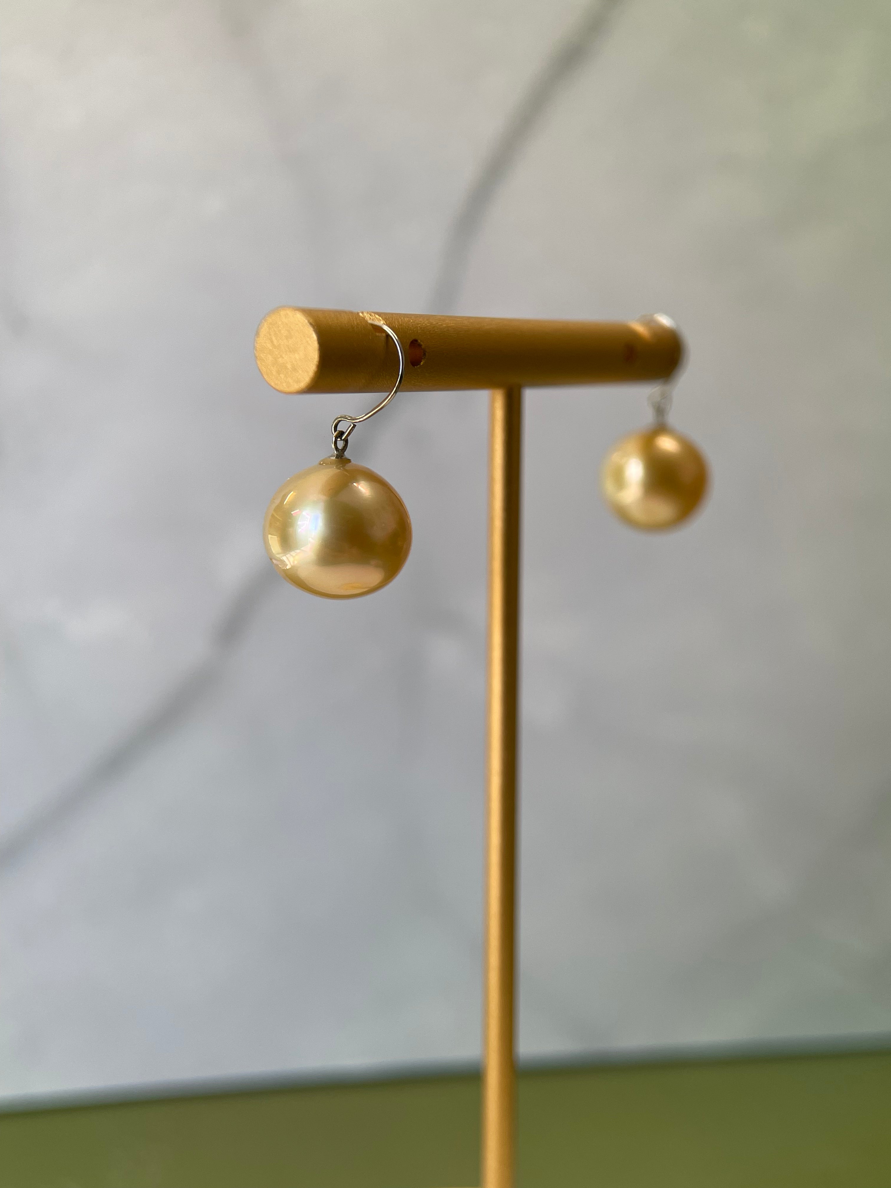 10–11mm Golden South Sea Pearl Hook Earrings in Platinum