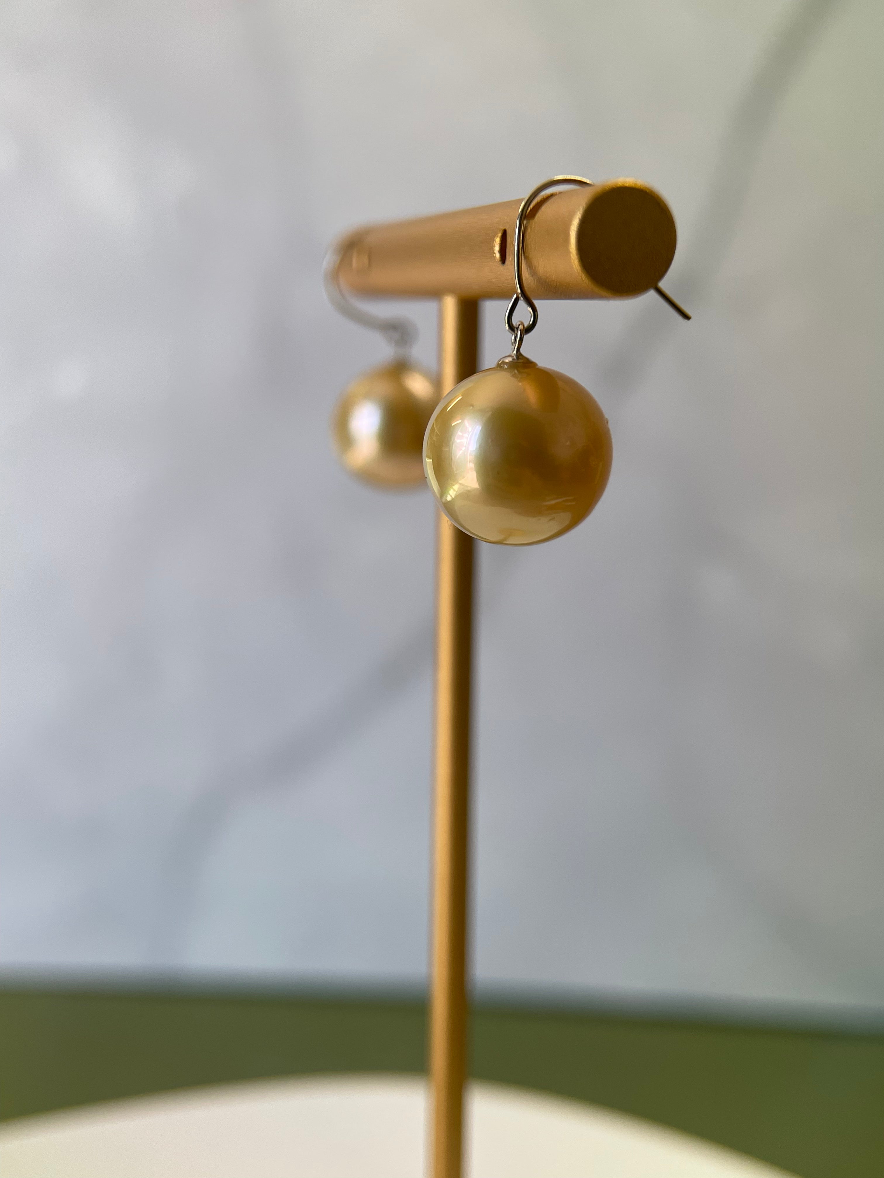 10–11mm Golden South Sea Pearl Hook Earrings in Platinum