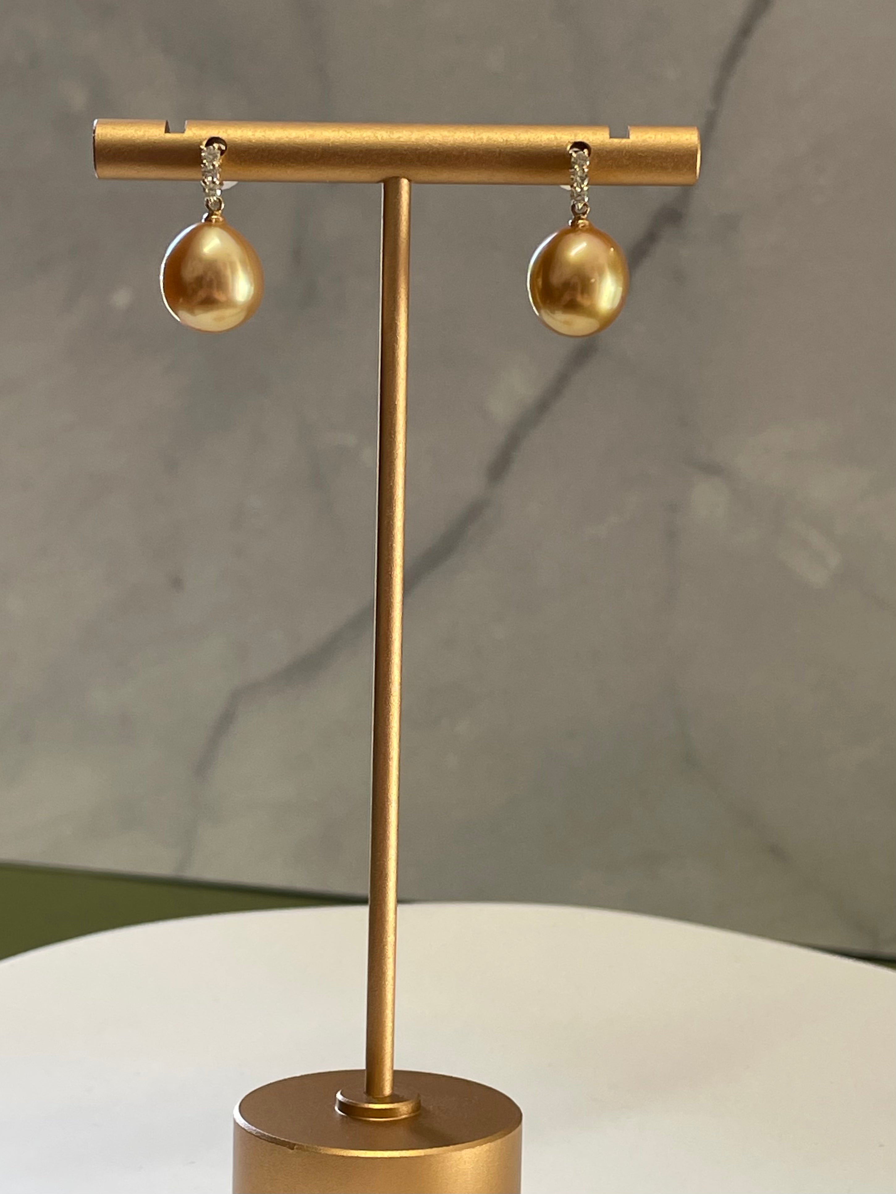 10mm Golden South Sea Pearl & Diamond Drop Earrings in 18K Gold