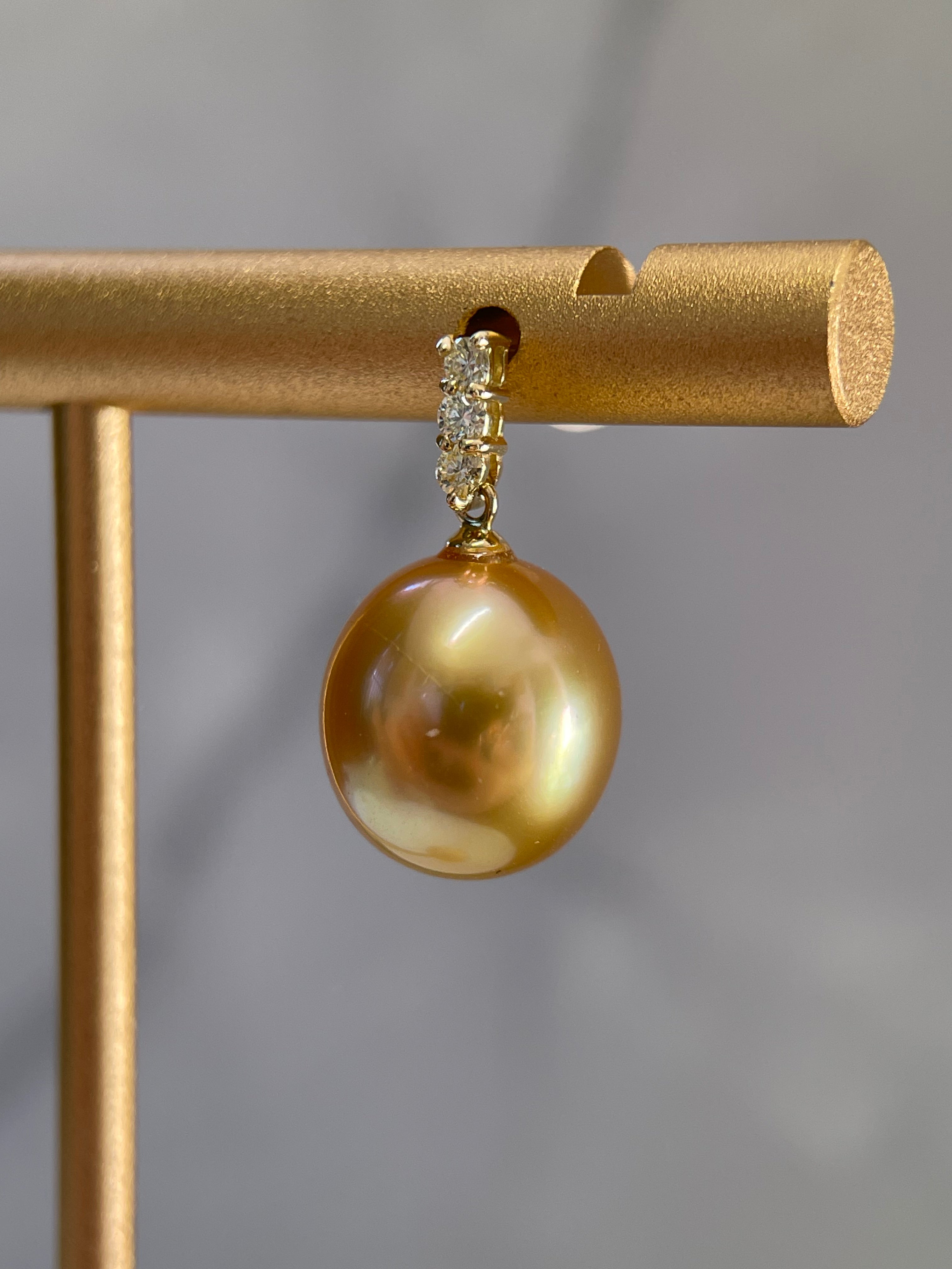 10mm Golden South Sea Pearl & Diamond Drop Earrings in 18K Gold