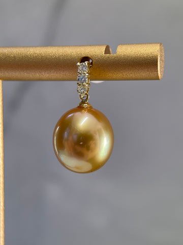 10mm Golden South Sea Pearl & Diamond Drop Earrings in 18K Gold