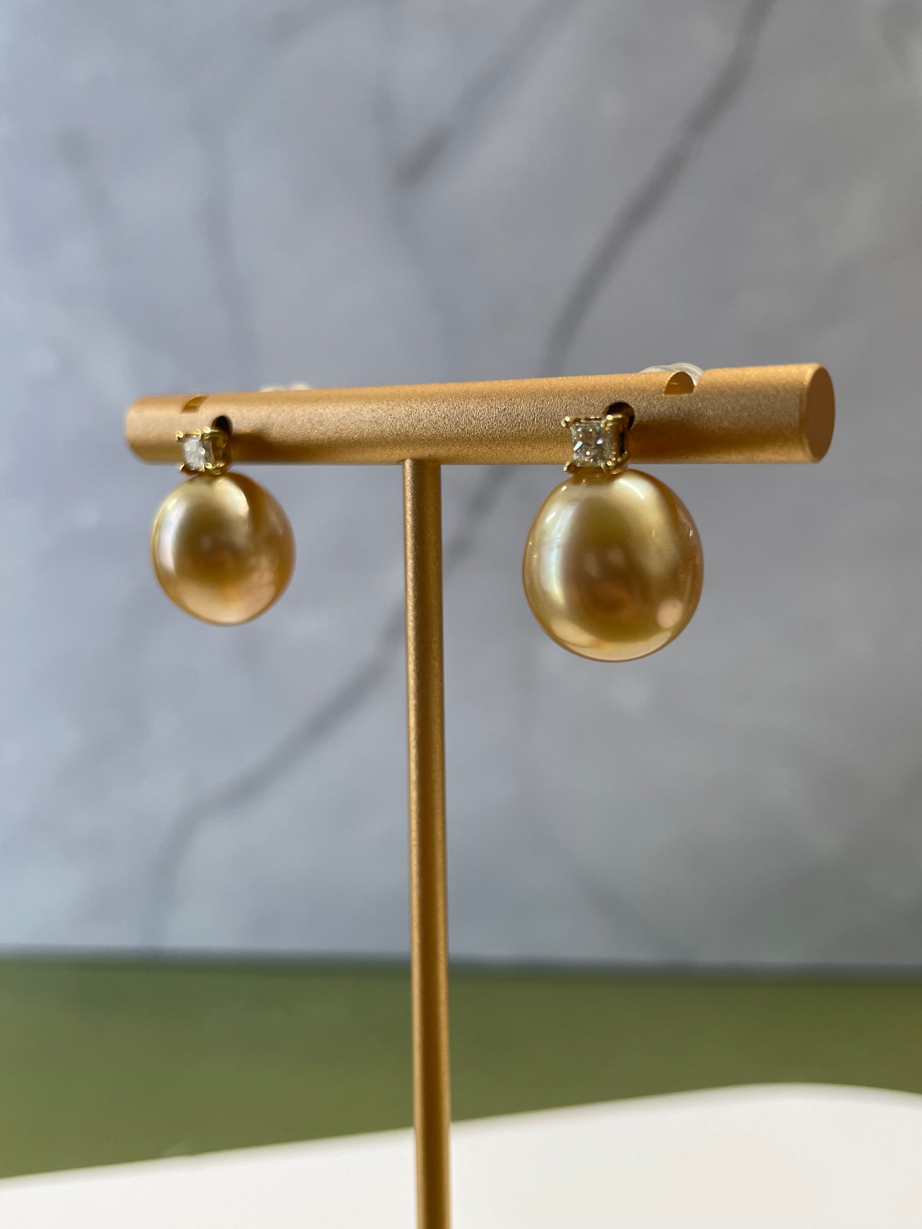 11mm Golden South Sea Pearl & 0.20ct Diamond Stud Earrings