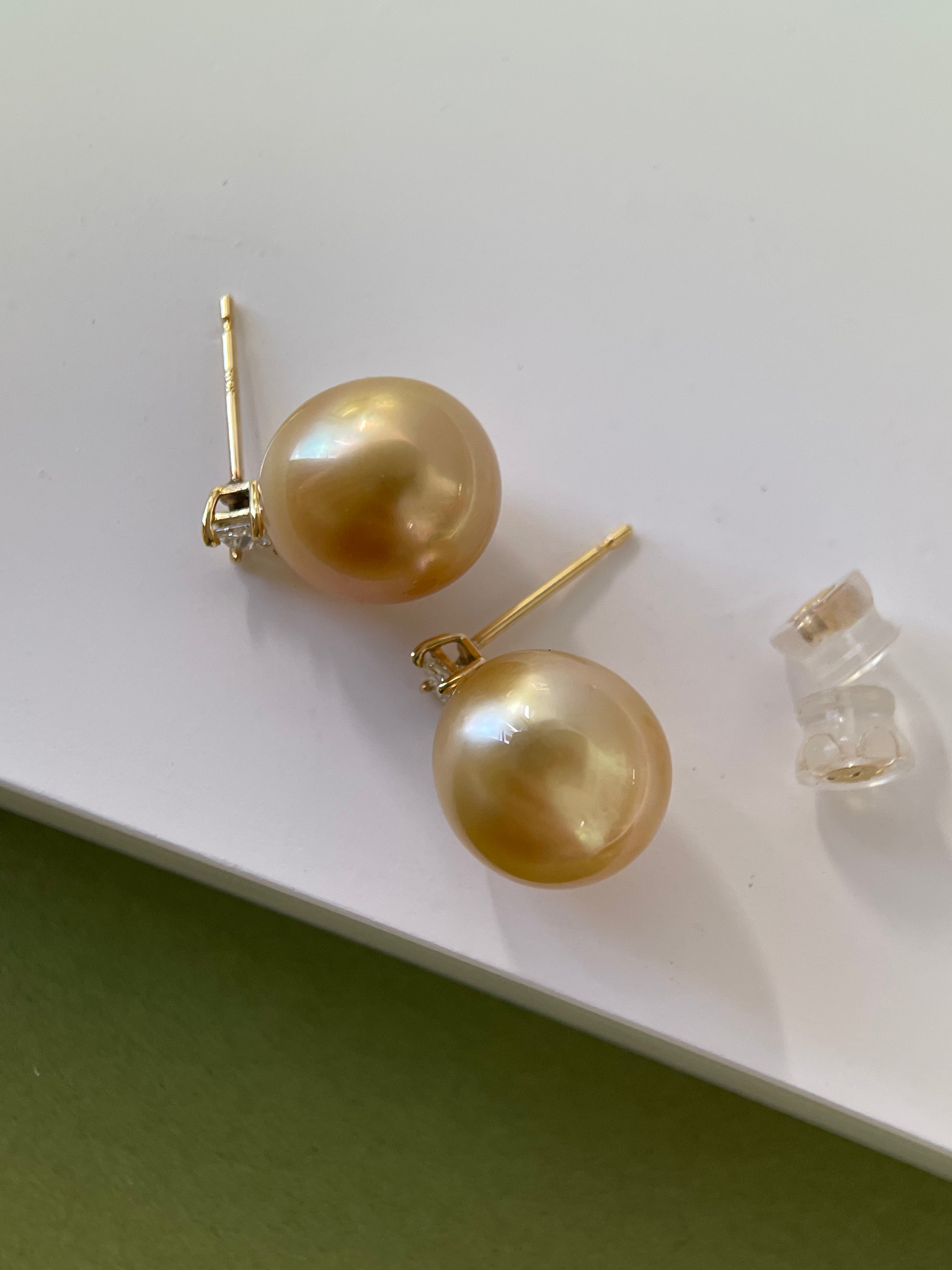 11mm Golden South Sea Pearl & 0.20ct Diamond Stud Earrings