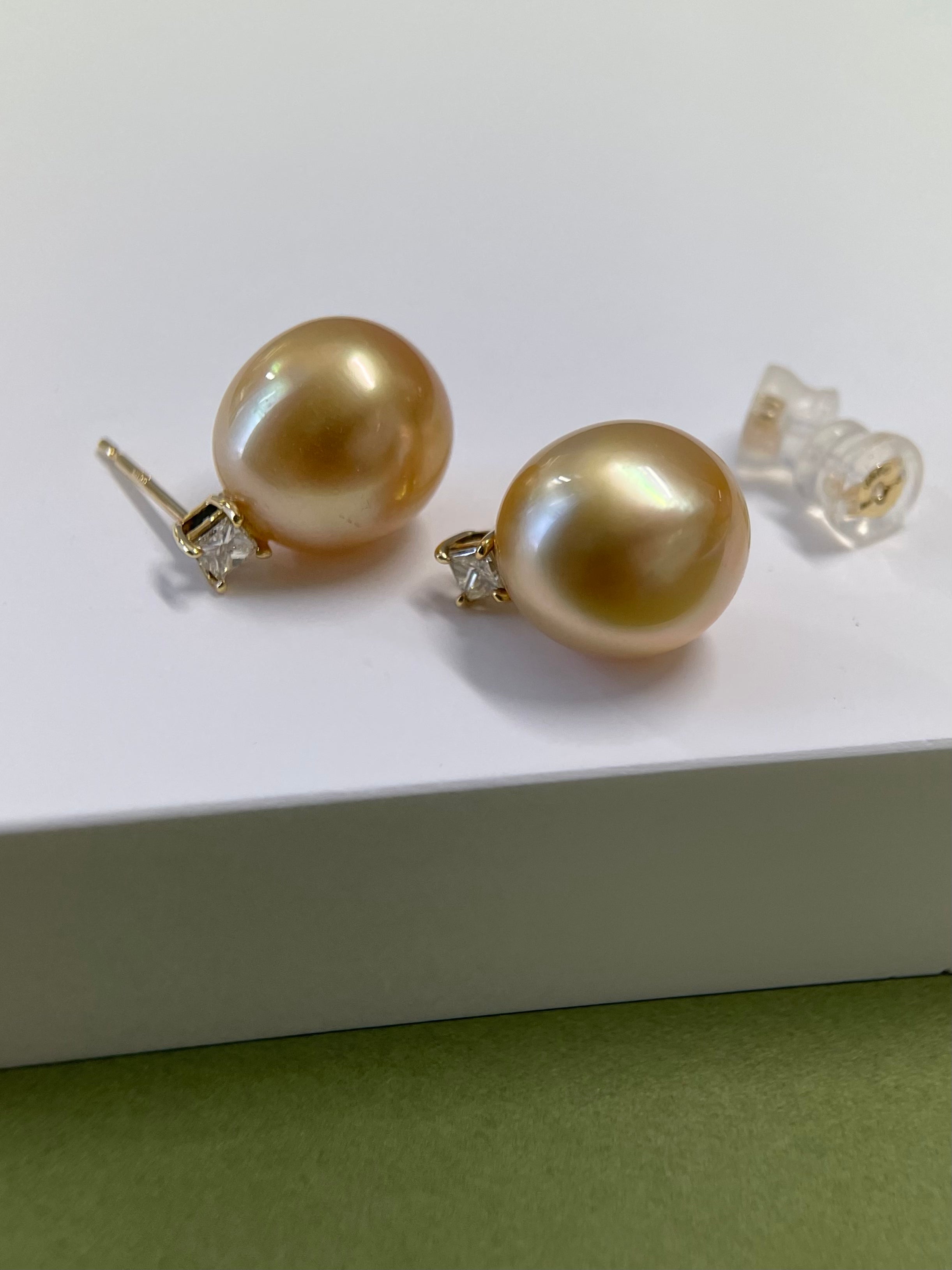 11mm Golden South Sea Pearl & 0.20ct Diamond Stud Earrings