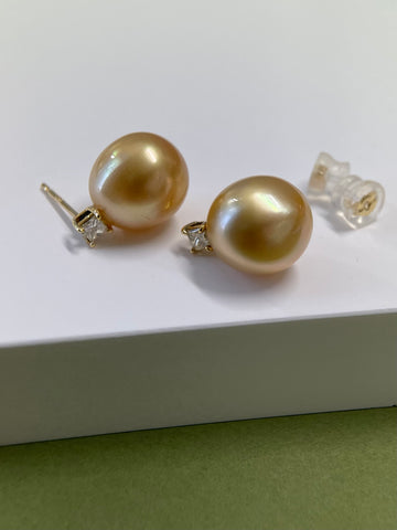 11mm Golden South Sea Pearl & 0.20ct Diamond Stud Earrings
