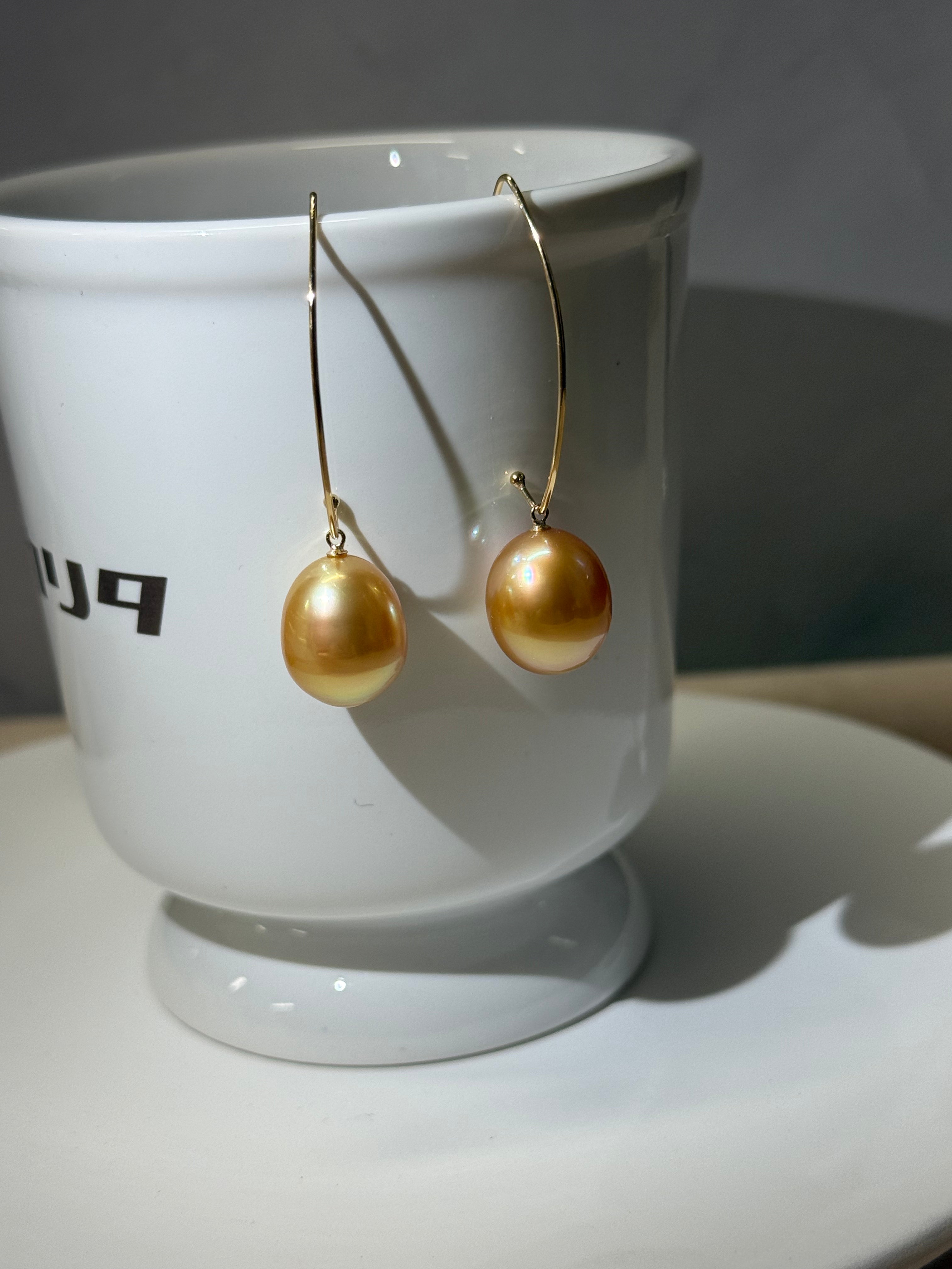 ⭐️Golden South Sea Pearl Arc Drop Earrings – 12mm