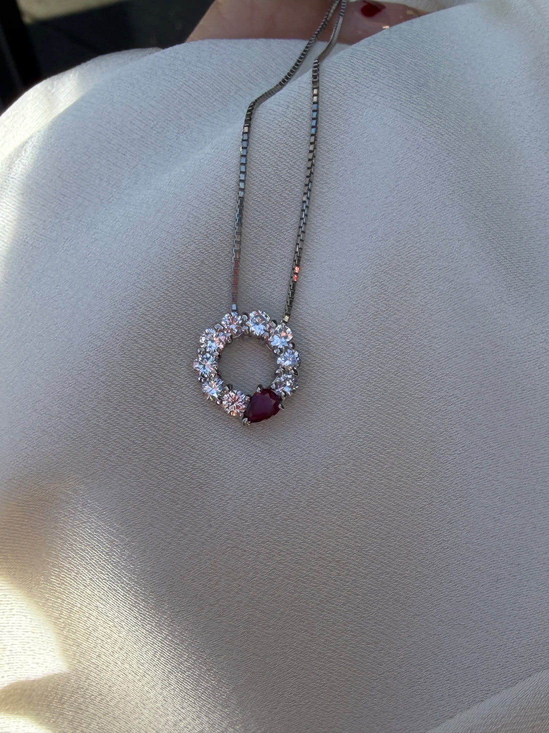 Vintage Circle Necklace in Platinum with Ruby & Diamond