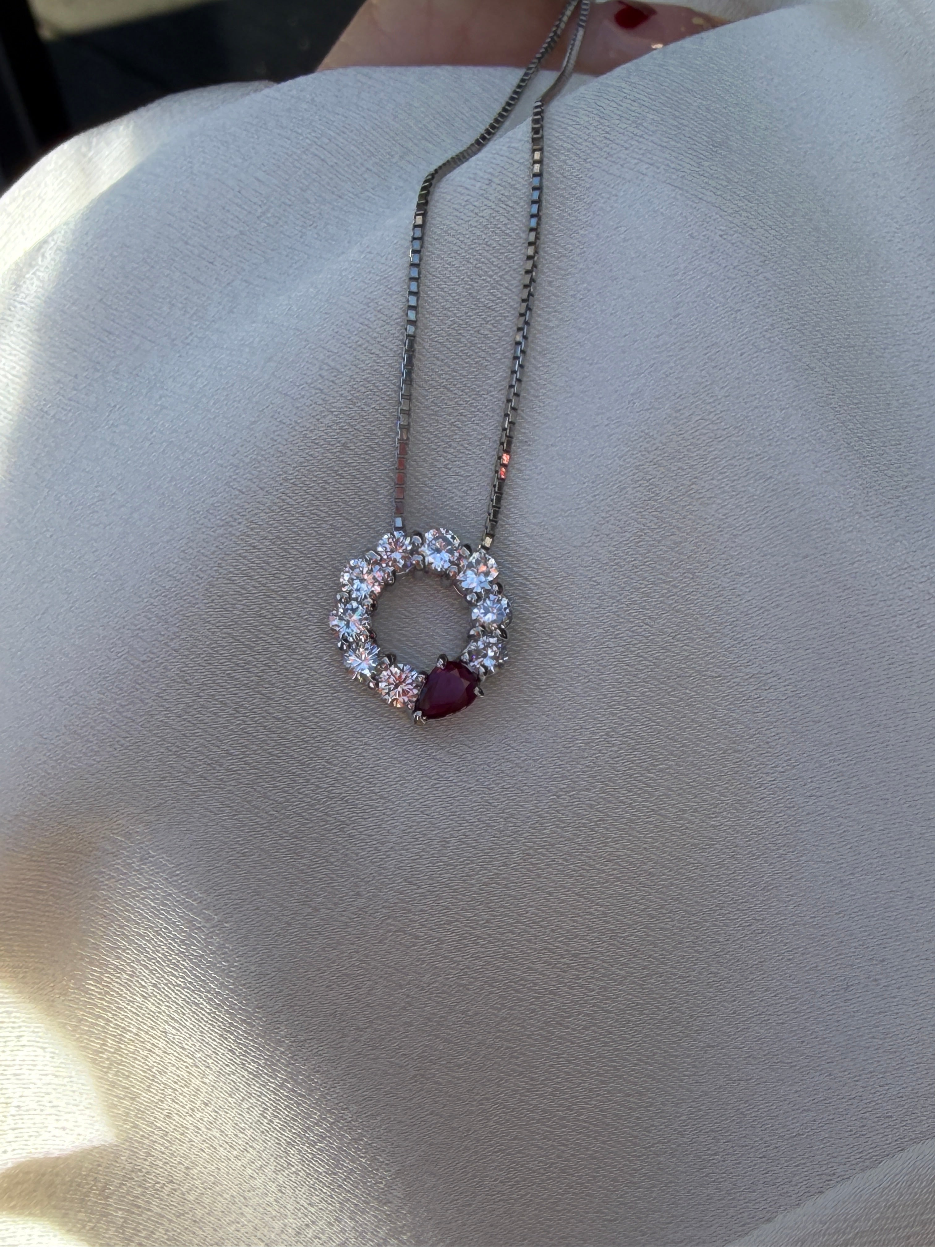 Vintage Circle Necklace in Platinum with Ruby & Diamond