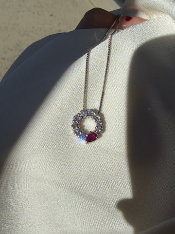 Vintage Circle Necklace in Platinum with Ruby & Diamond