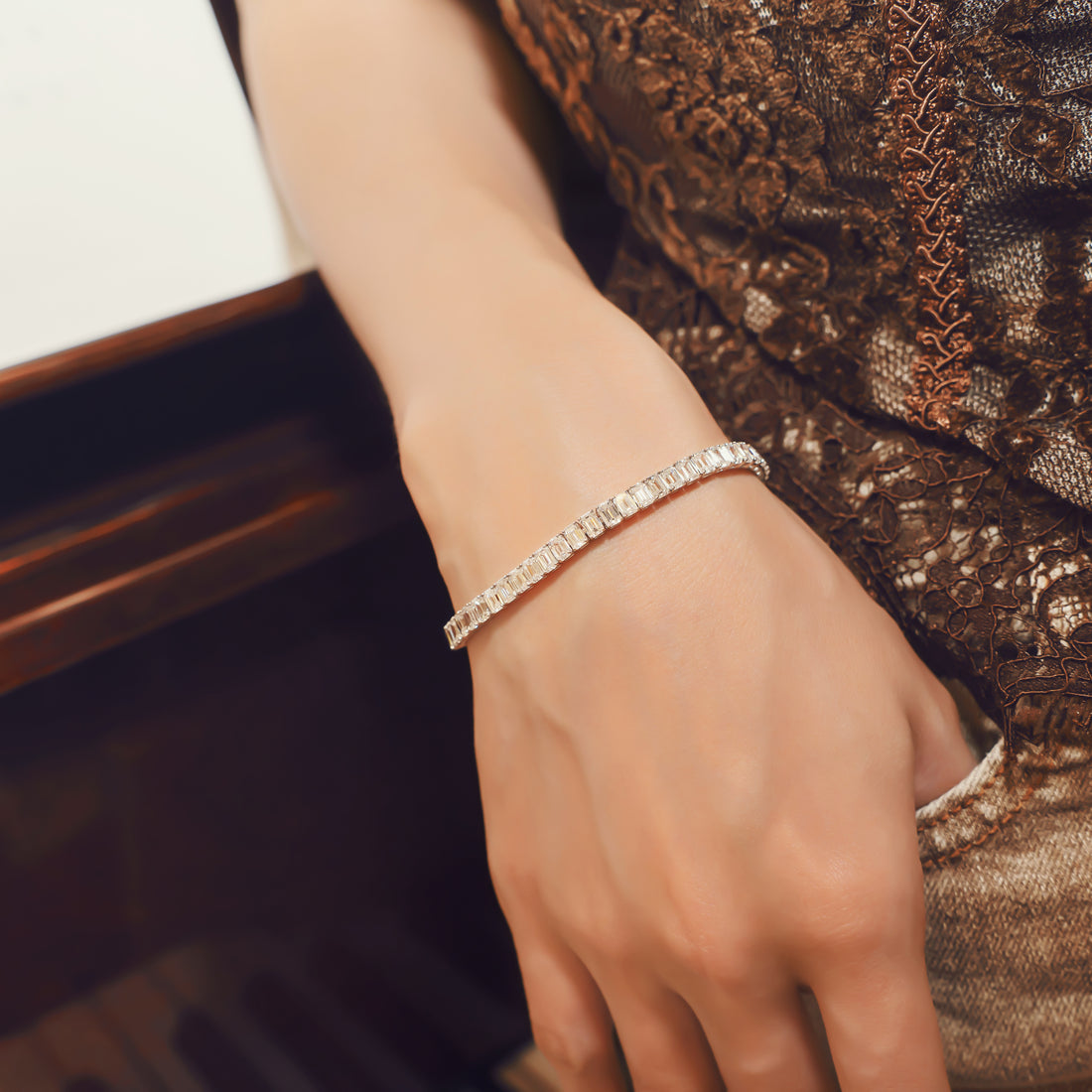 14K Gold Emerald-Cut Lab Grown Diamond Full Tennis Bracelet(≈0.3533ct/p)