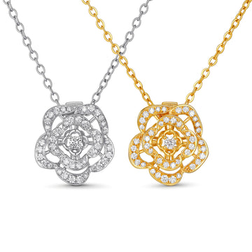 0.2ct Natural Diamond Camellia flower pendant Multi-Use 18K Gold
